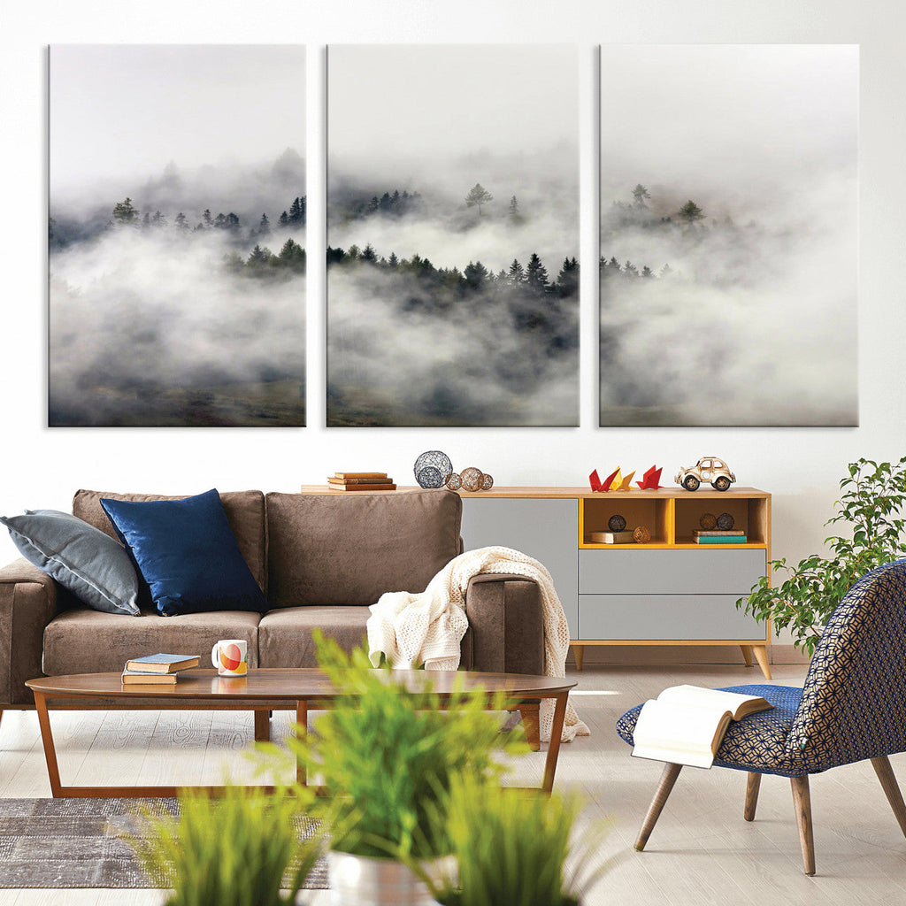 Foggy Forest Wall Art Canvas Print, Misty Pine Tree Landscape