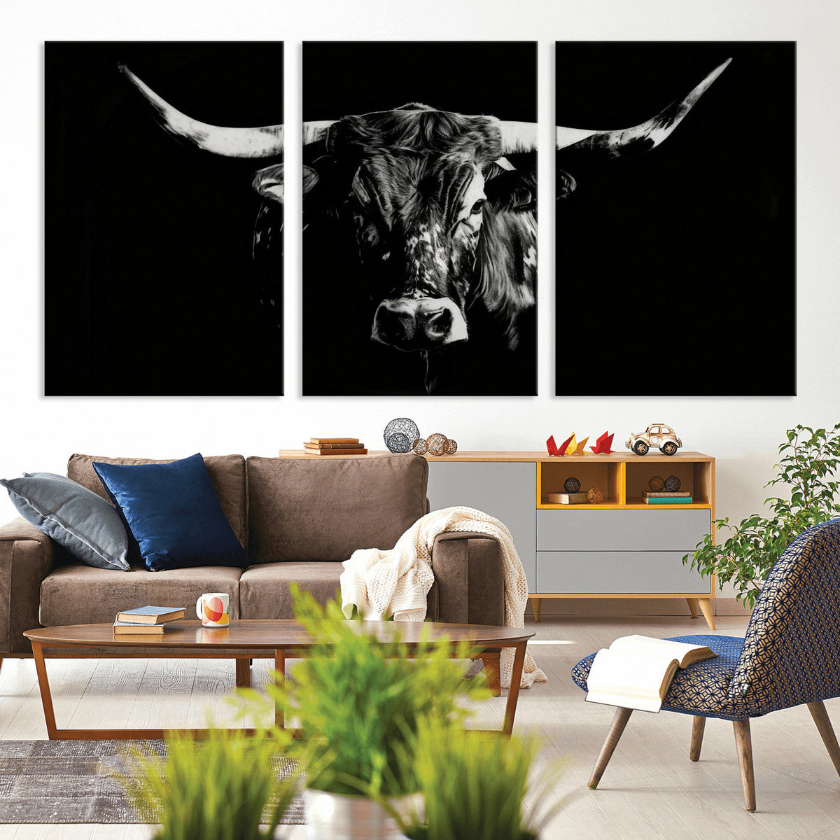 Black Bull Wall Art Canvas Print, Dark Longhorn Portrait