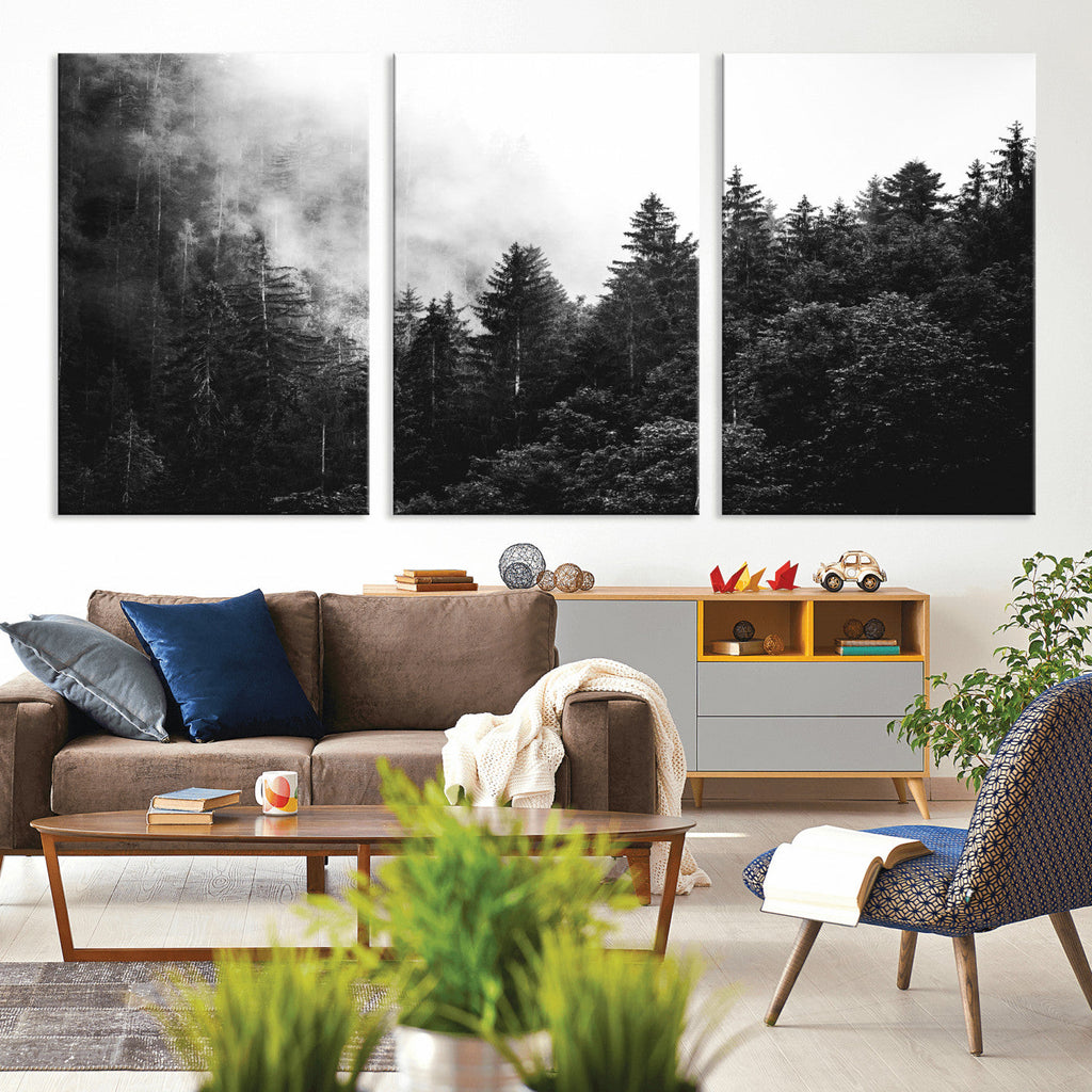 Black White Forest Wall Art Canvas Print, Misty Pine Tree Landscape