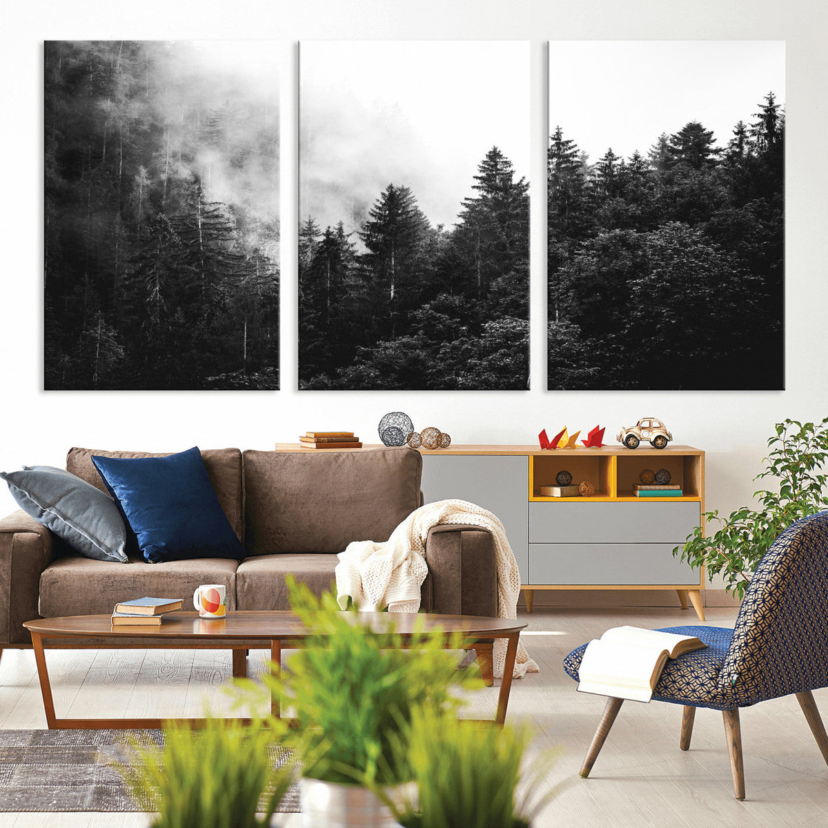 Black White Forest Wall Art Canvas Print, Misty Pine Tree Landscape