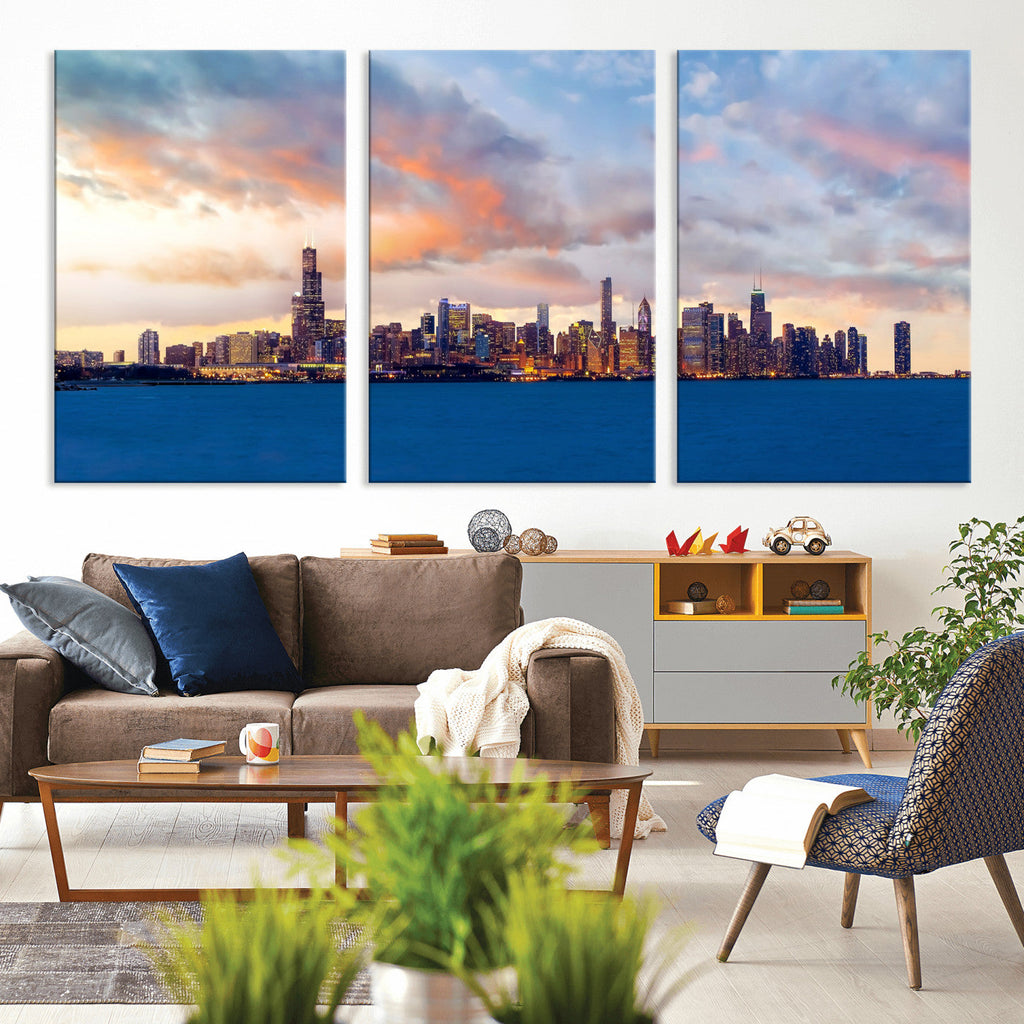 Chicago Wall Art Canvas Print - Chicago City Downtown Night Cityscape