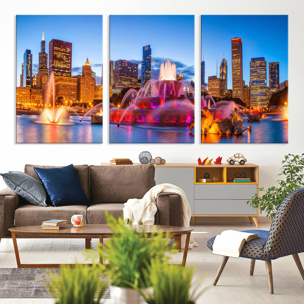 Chicago Wall Art Canvas Print, Chicago City Downtown Night Cityscape