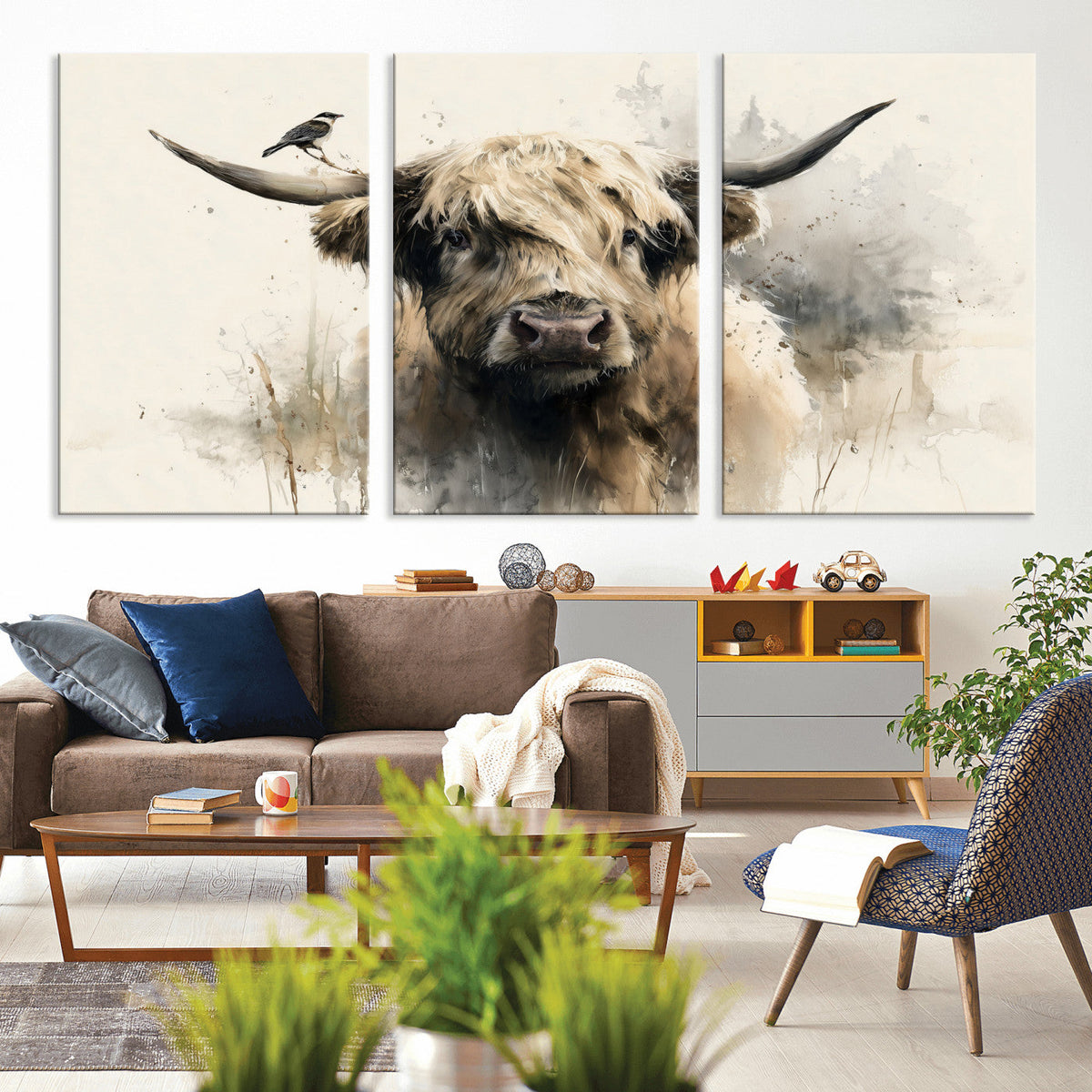 Abstract Highland Cow Wall Art Canvas Print, Rustic Farm Cattle Portrait