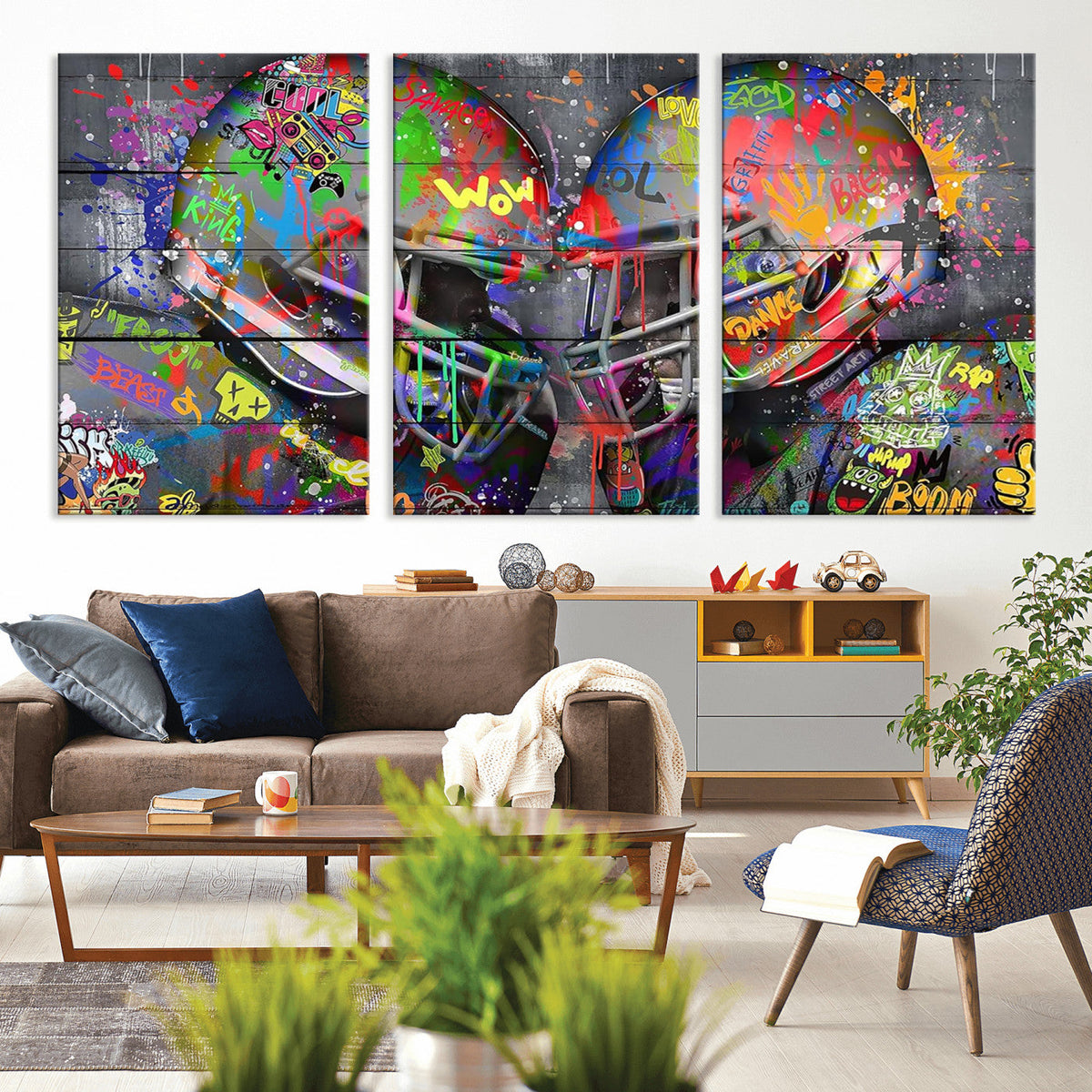 Graffiti Football Helmets Wall Art Canvas Print, Urban Street Art