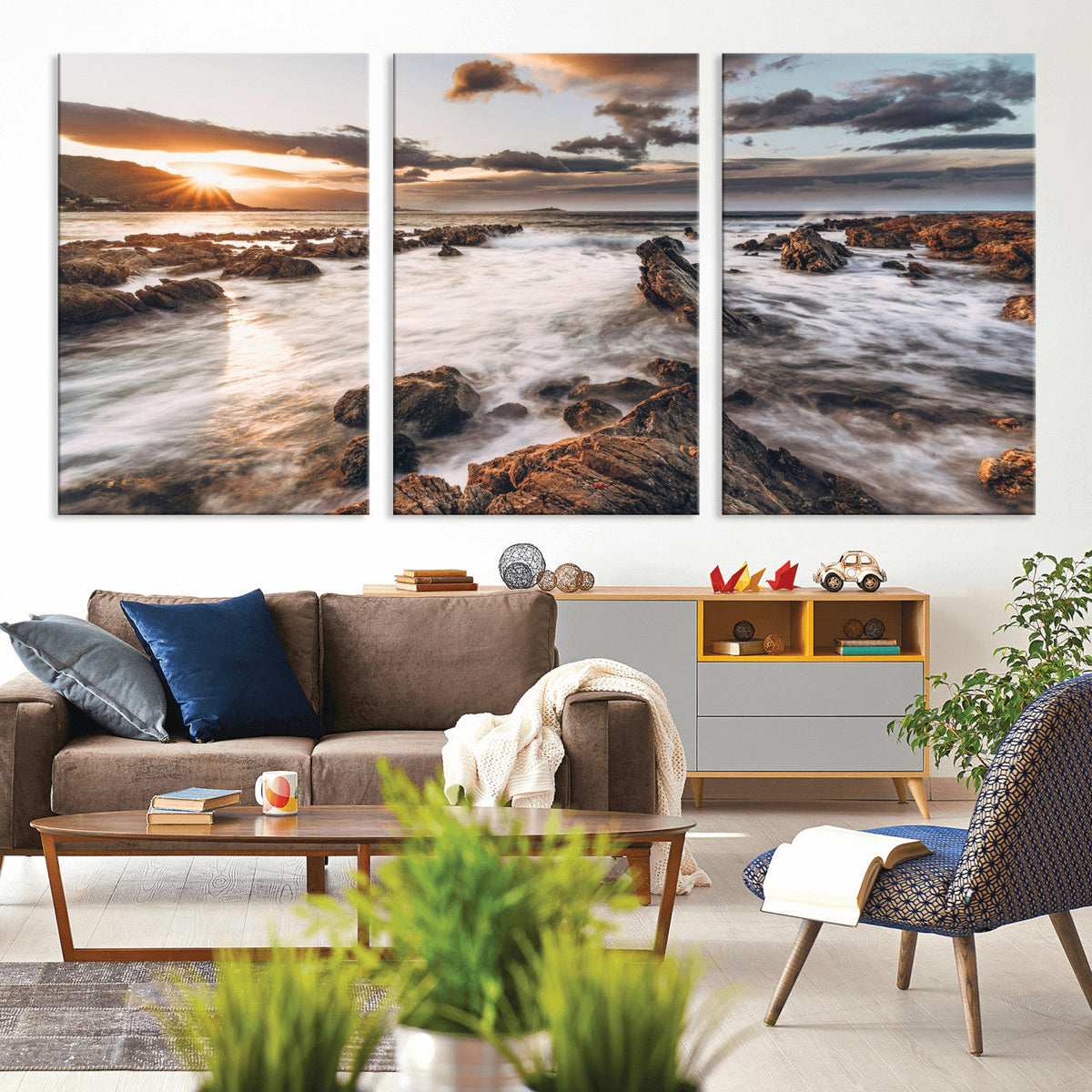 Rocky Coast Ocean Sunset Wall Art Canvas Print, Dramatic Seascape Nature Decor