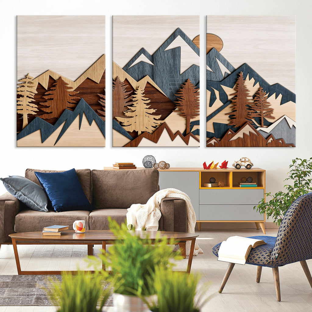 Layered Wooden Mountain Wall Art Canvas Print, Modern Rustic Forest and Pine Landscape