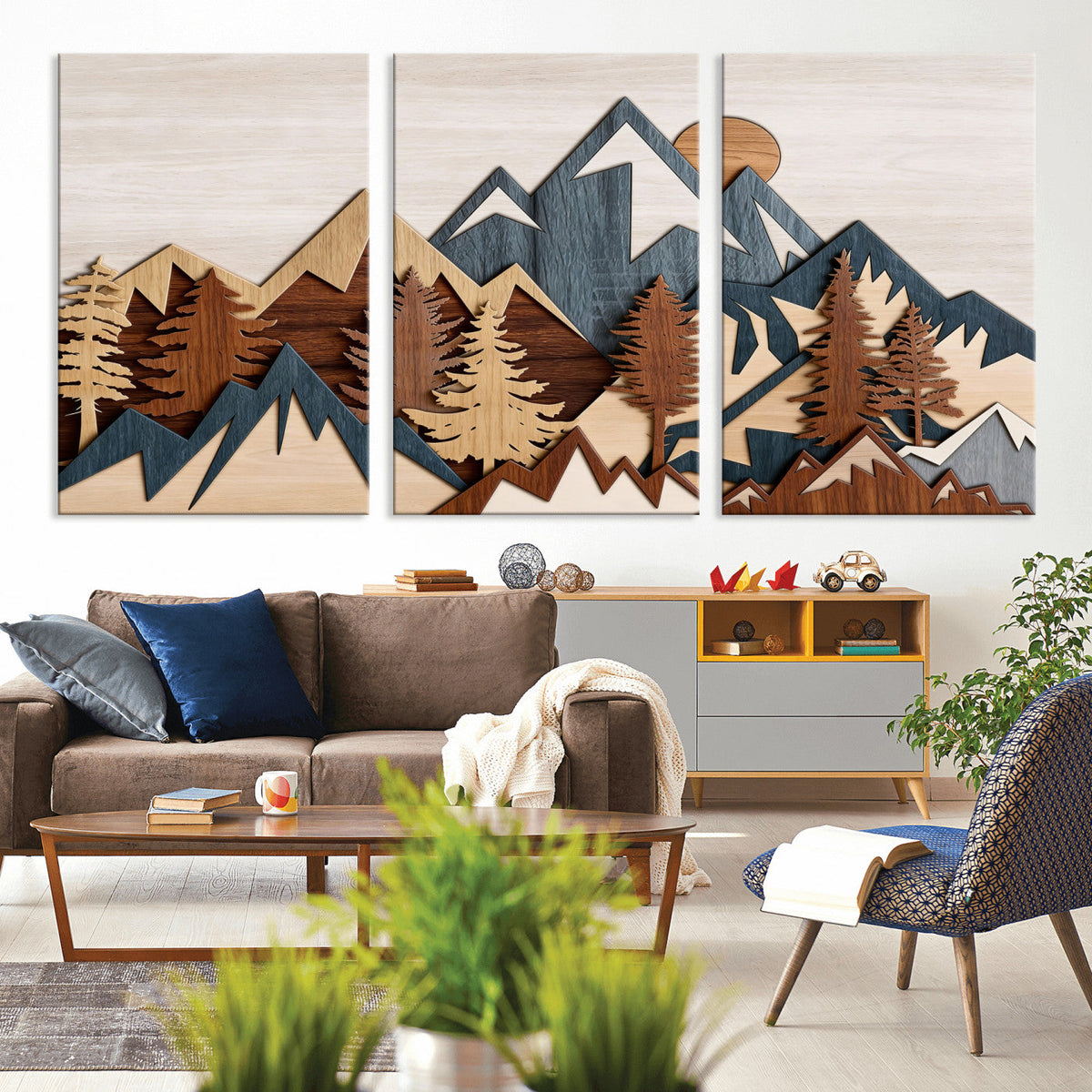 Layered Wooden Mountain Wall Art Canvas Print, Modern Rustic Forest and Pine Landscape