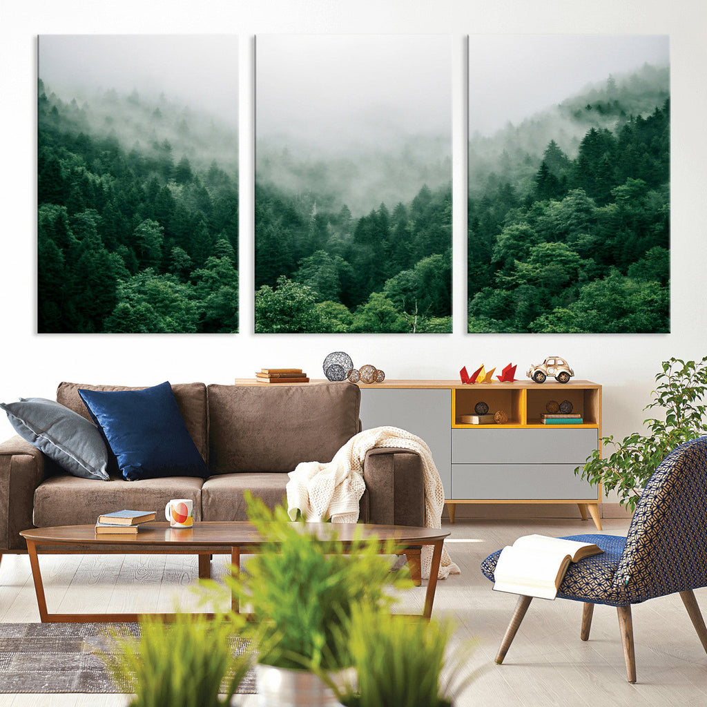 Misty Pine Forest Wall Art Canvas Print, Foggy Evergreen Landscape
