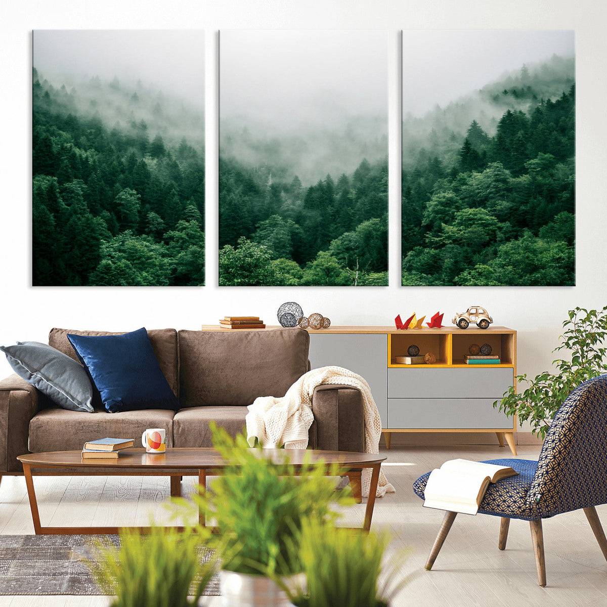 Misty Pine Forest Wall Art Canvas Print, Foggy Evergreen Landscape
