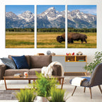 Bison in Mountain Landscape Wall Art Canvas Print, Western Decor