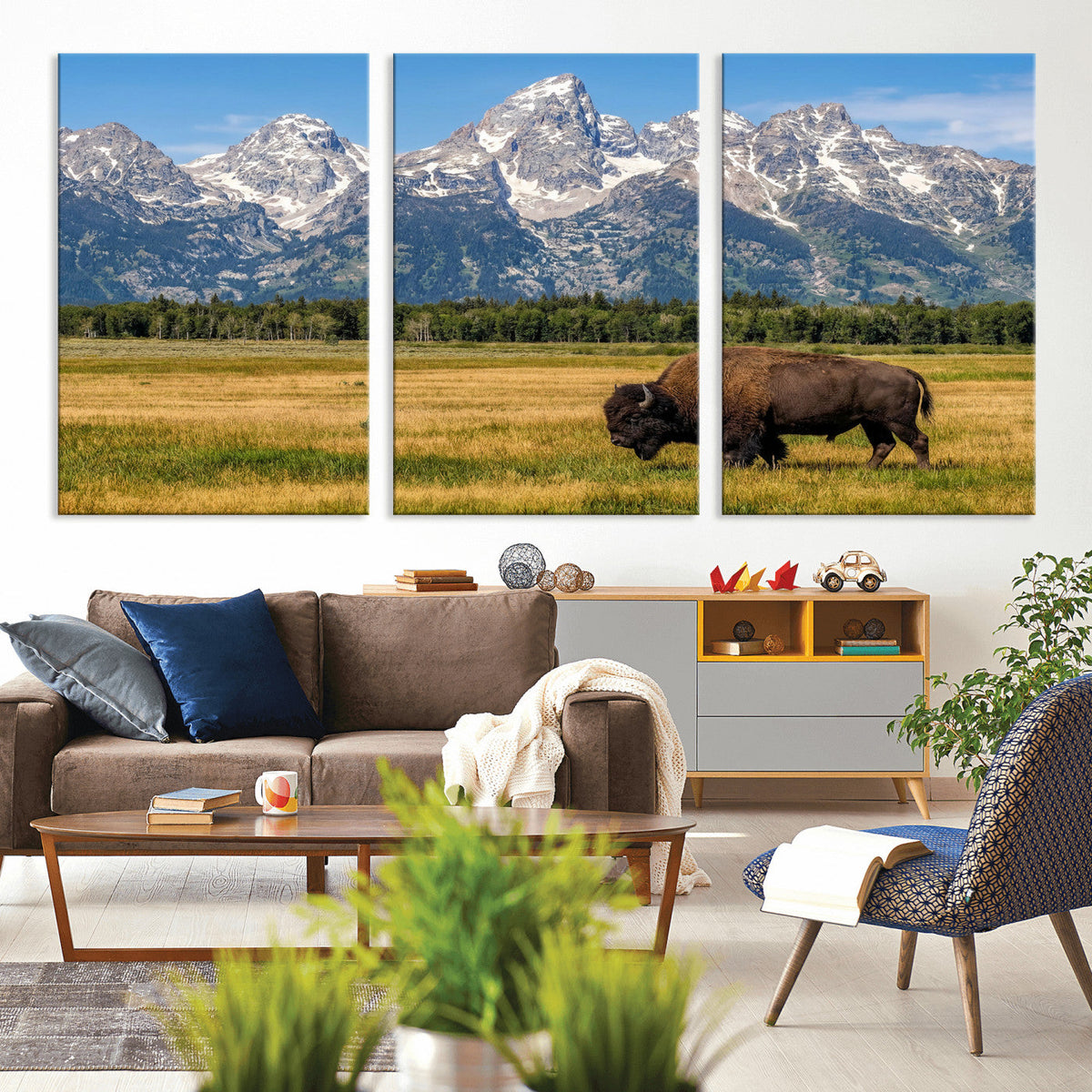 Bison in Mountain Landscape Wall Art Canvas Print, Western Decor