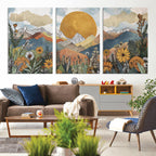 Boho Mountain Landscape Large Wall Art, Horizontal Gold Sun and Flowers Print