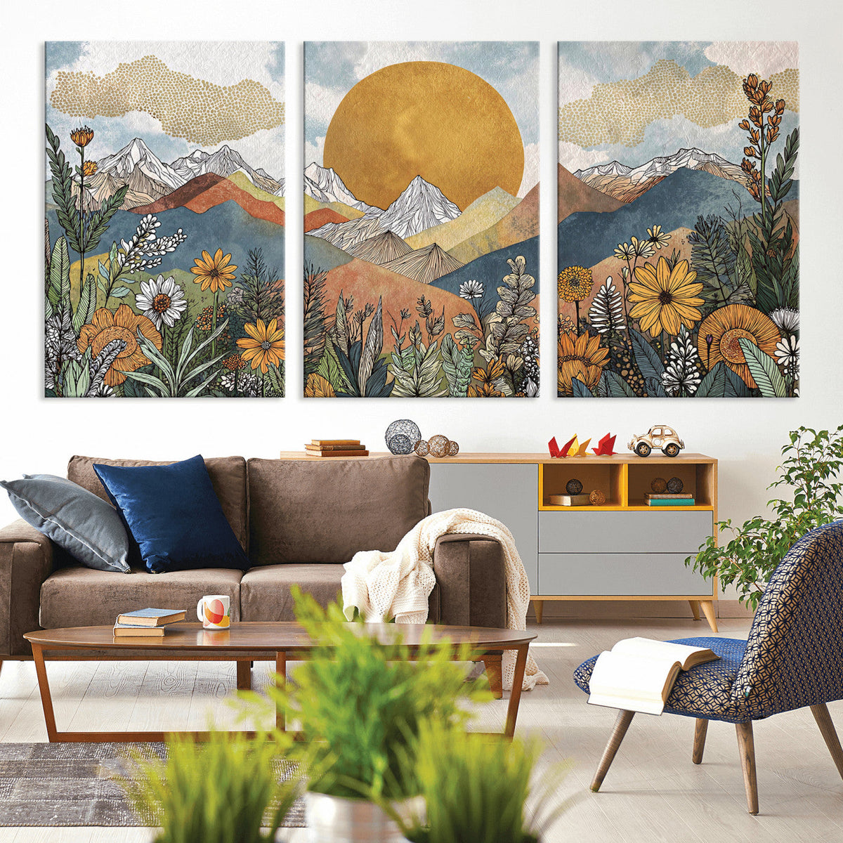 Boho Mountain Landscape Large Wall Art, Horizontal Gold Sun and Flowers Print