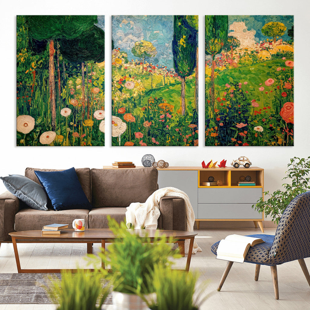 Gustav Klimt Boho Mountain Landscape Large Wall Art, Gold Sun and Flowers Print