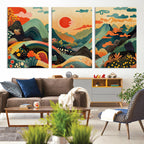 Yayoi Kusama Boho Mountain Landscape Large Wall Art, Gold Sun and Flowers Print