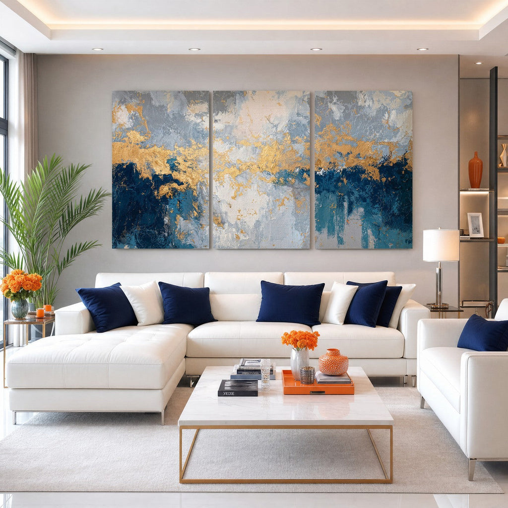 Blue Gold Abstract Large Framed Canvas Wall Art, Modern Luxury Print