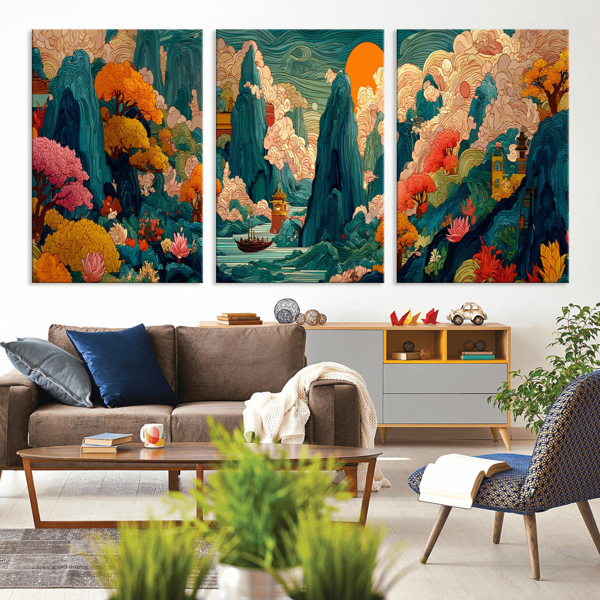 Colorful Japanese Landscape Print: Maximalist Panoramic Wall Art