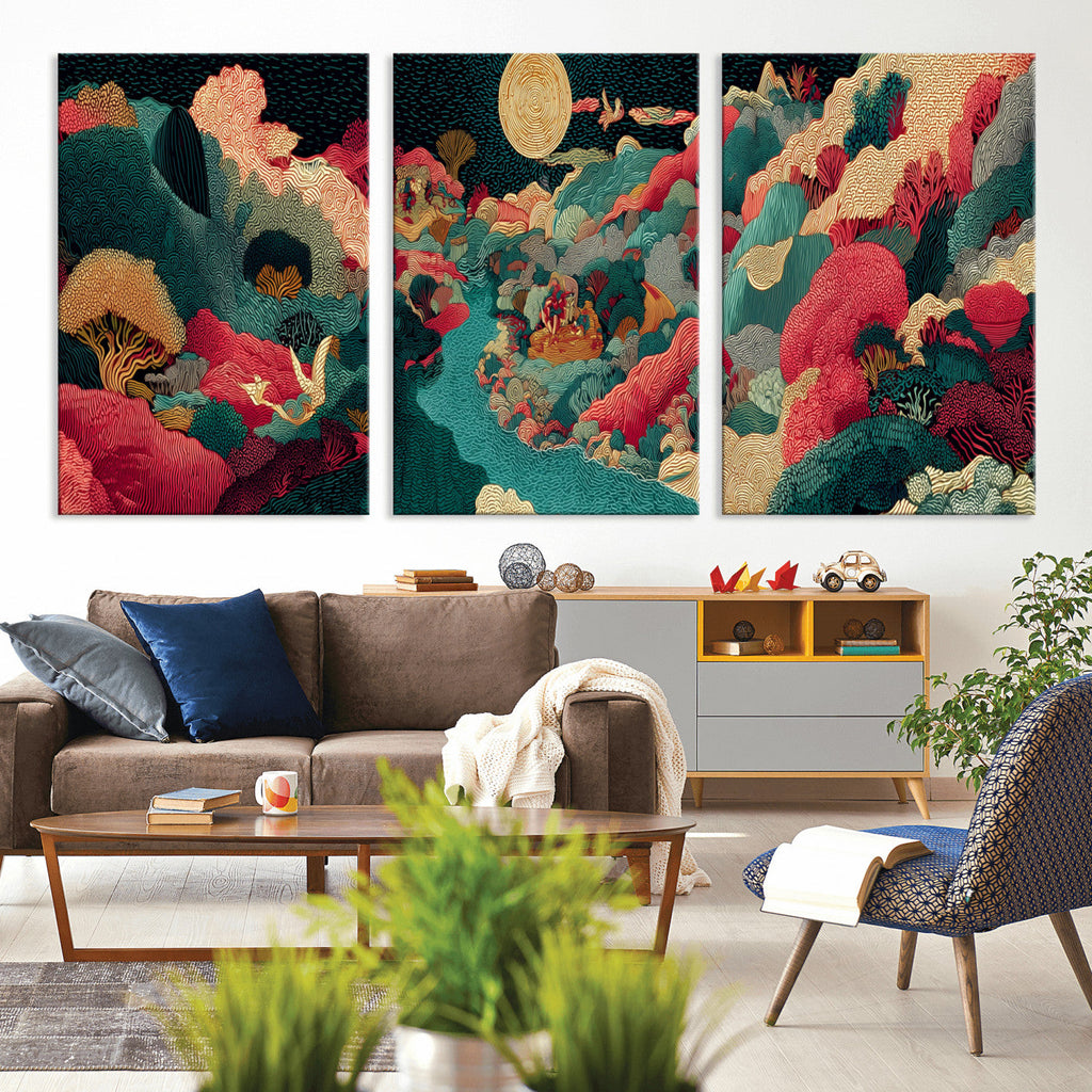 Colorful Japanese Landscape Print: Maximalist Panoramic Wall Art