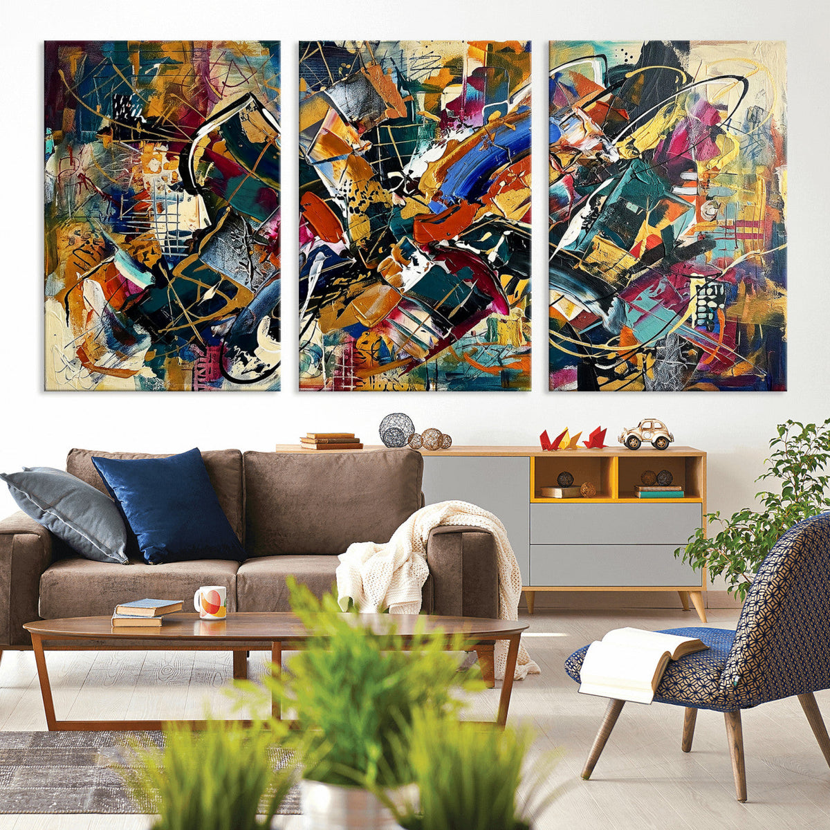 Geometric Abstract Wall Art Canvas Print, Orange Blue