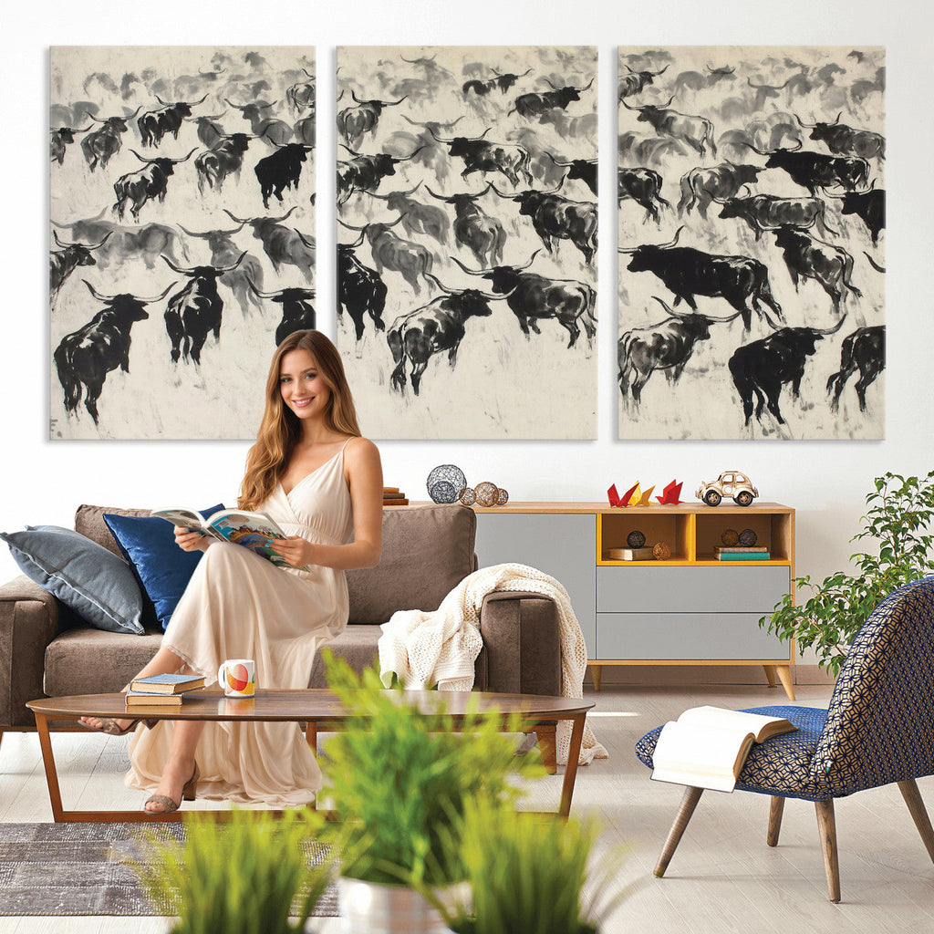 Longhorn Cattle Canvas Wall Art, Black White Stampede Ink