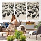 Longhorn Cattle Canvas Wall Art, Black White Stampede Ink