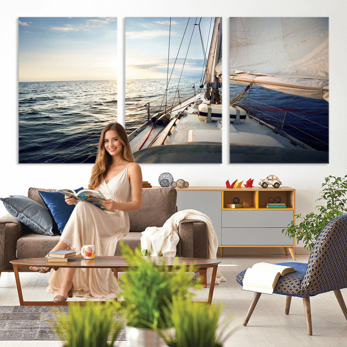 Sailboat Wall Art Canvas Print, Ocean Sunset Sailing Framed Artwork