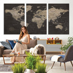 World Map Canvas Wall Art, Dark Charcoal and Antique Tan Detailed Map