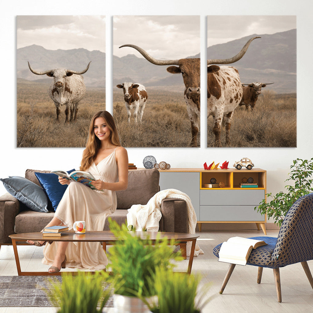 Rustic Texas Longhorn Cow Canvas Wall Art Print, Farm Animal Photography