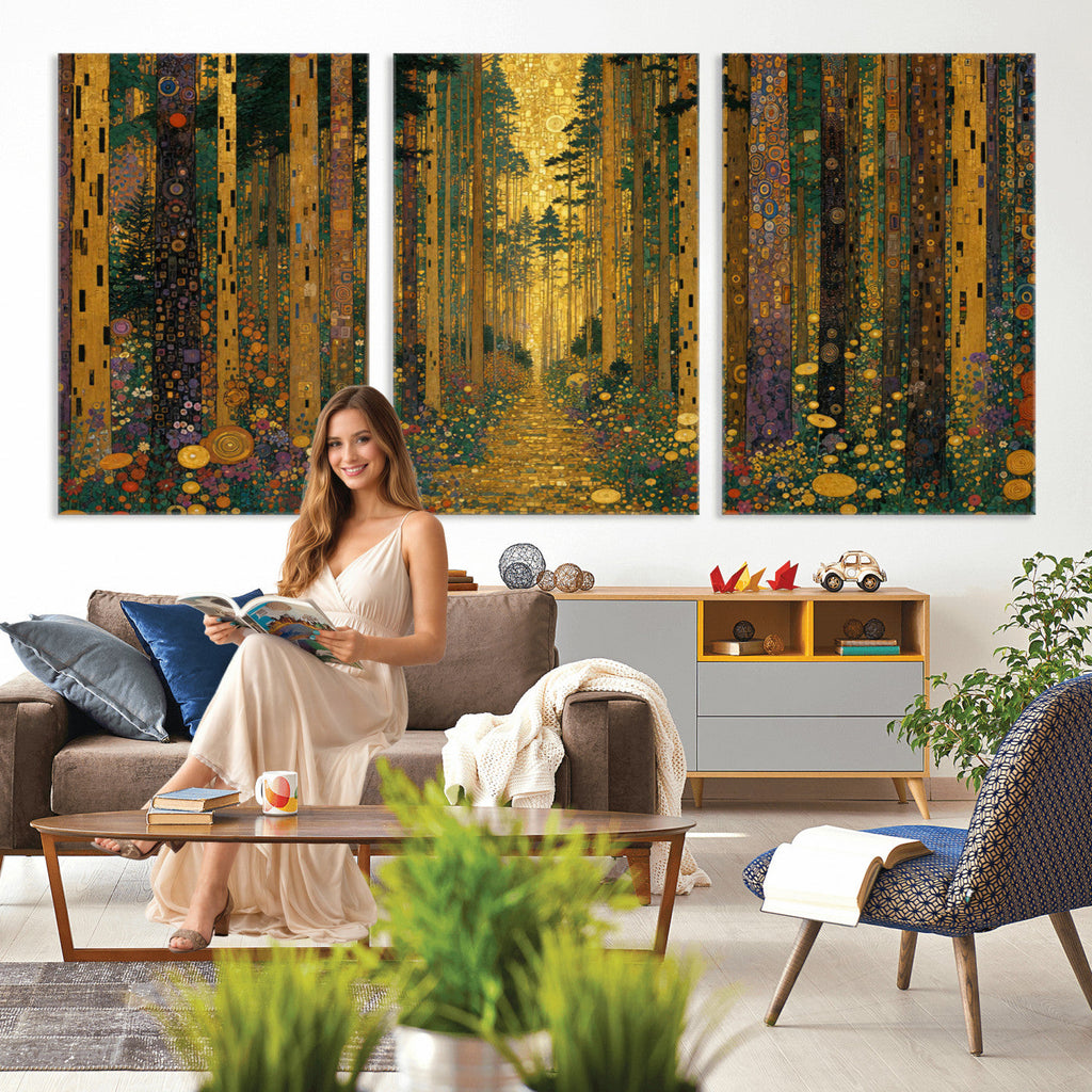 Gustav Klimt Style Forest Canvas Wall Art, Golden Forest Path Floral Art Nouveau Print