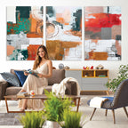 Blue Teal Abstract Canvas Wall Art, Modern Brushstroke Style Print, Navy Orange Contemporary Decor