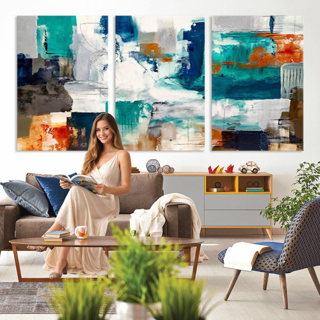 Blue Teal Abstract Canvas Wall Art, Modern Brushstroke Style Print, Navy Orange Contemporary Decor