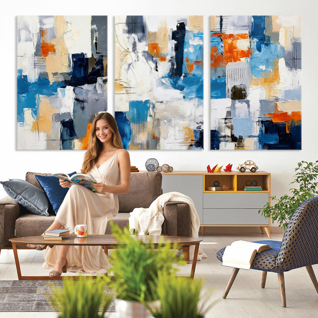 Blue Teal Abstract Canvas Wall Art, Modern Brushstroke Style Painting Print, Navy Orange Contemporary Decor