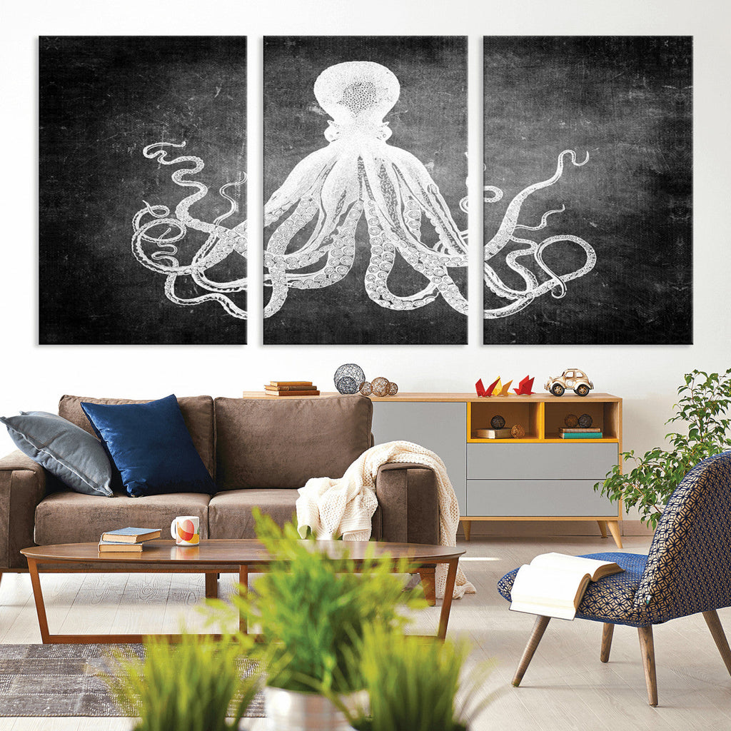 Black White Octopus Wall Art Canvas Print