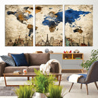 World Map Canvas Print | Vintage Blue and Gold World Map Wall Art