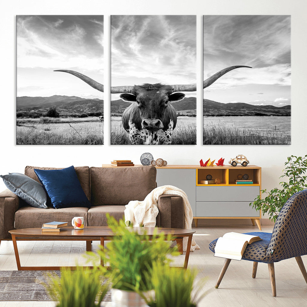 Longhorn Black and White Wall Art | Rustic Western Bull Canvas Print