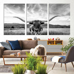 Longhorn Black and White Wall Art | Rustic Western Bull Canvas Print