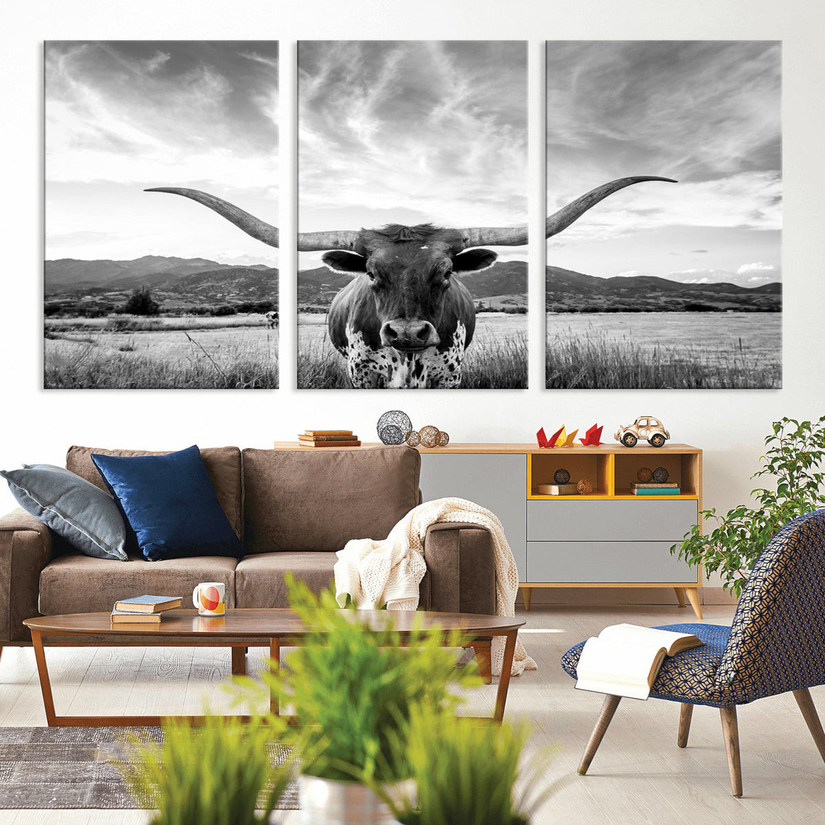Longhorn Black and White Wall Art | Rustic Western Bull Canvas Print