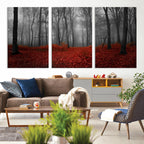 Red Forest Floor Canvas Wall Art | Mystical Foggy Woodland Triptych