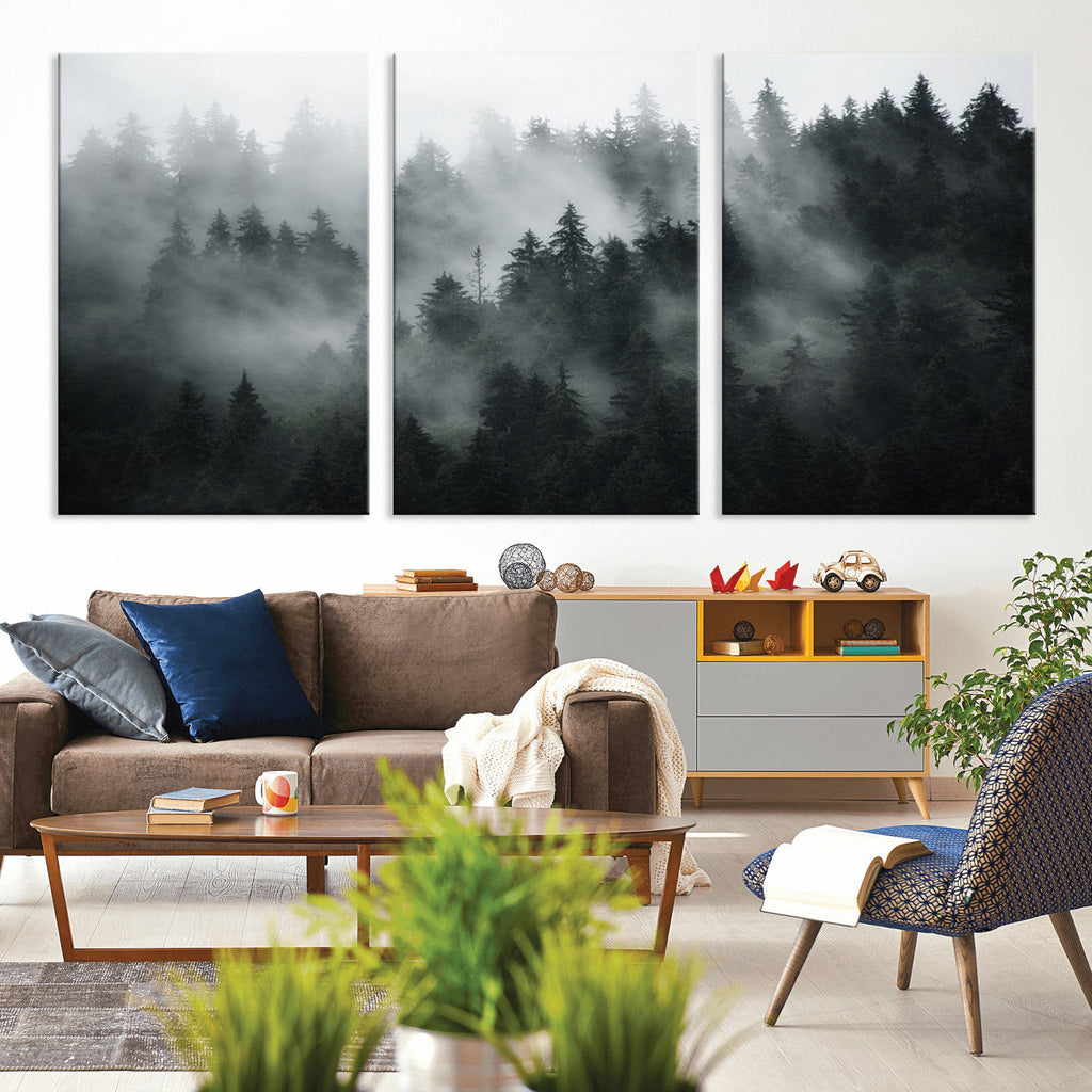 Foggy Forest Wall Art Canvas Print | 3 Panel Large Misty Landscape
