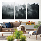Foggy Forest Wall Art Canvas Print | 3 Panel Large Misty Landscape