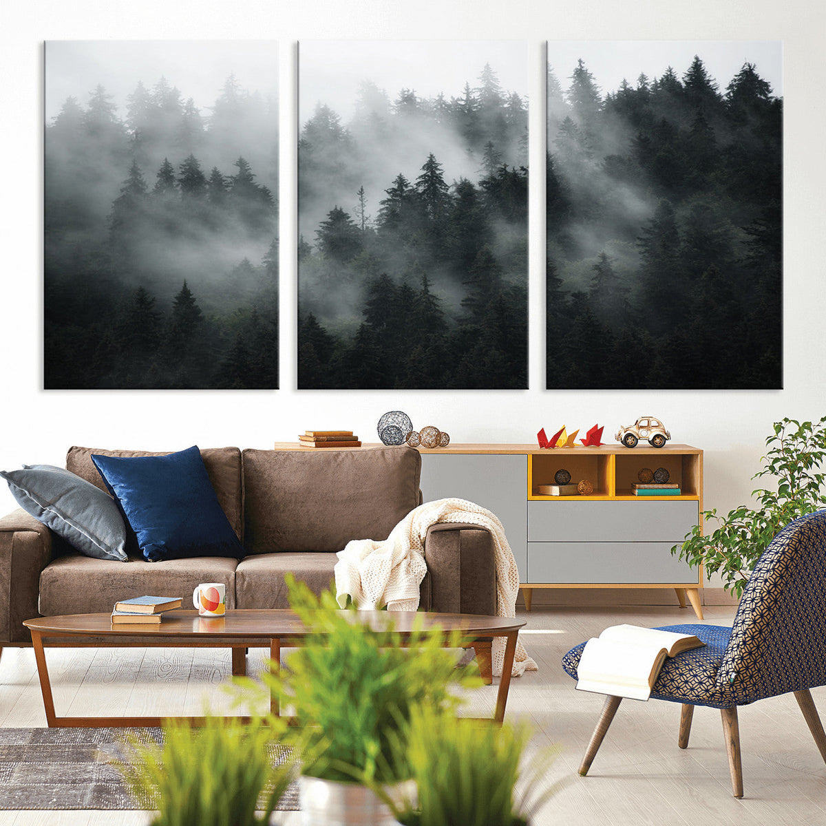 Foggy Forest Wall Art Canvas Print | 3 Panel Large Misty Landscape
