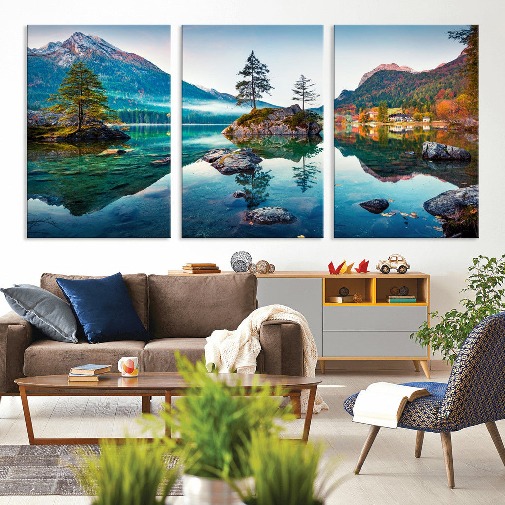 Crystal Clear Lake Wall Art | Mountains Wall Art Canvas | 3 Panel Landscape