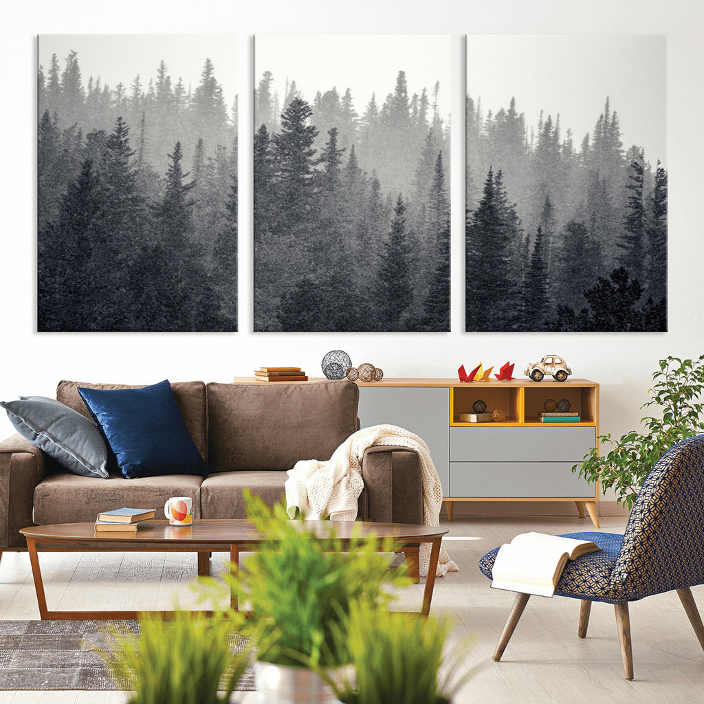 Misty Forest Canvas Wall Art | Monochrome Triptych Pine Tree Print