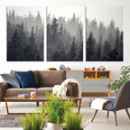 Misty Forest Canvas Wall Art | Monochrome Triptych Pine Tree Print