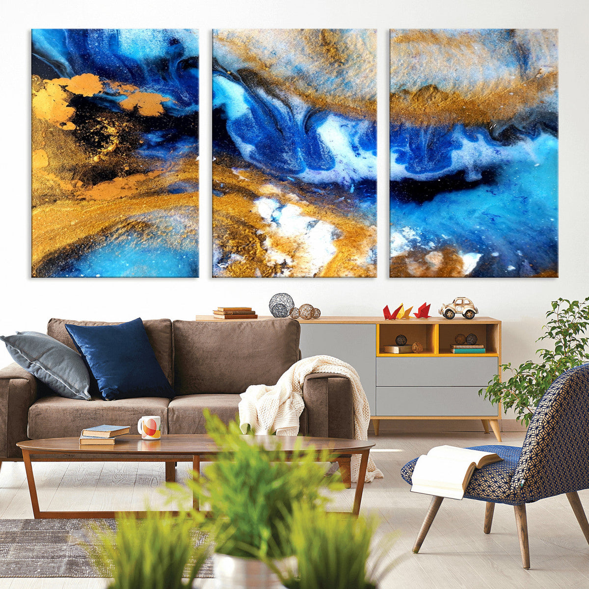 Blue Orange Marble Fluid Effect Canvas Wall Art Print