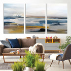 Abstract Landscape Wall Art Canvas | 3 Panel Modern Blue, Gold and White Canvas Art