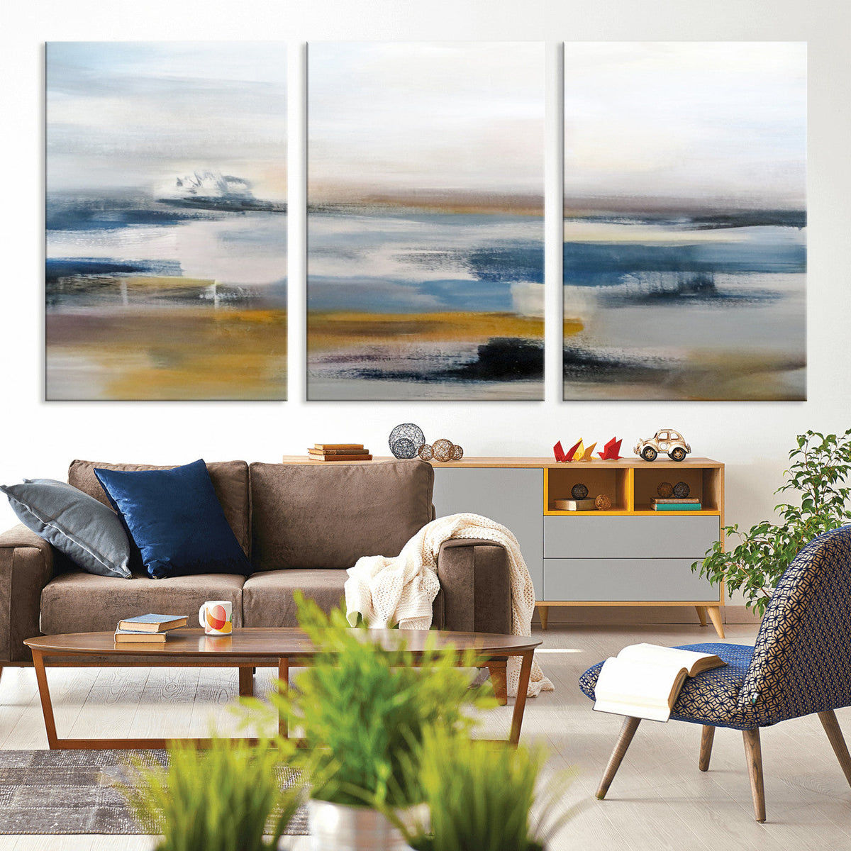 Abstract Landscape Wall Art Canvas | 3 Panel Modern Blue, Gold and White Canvas Art