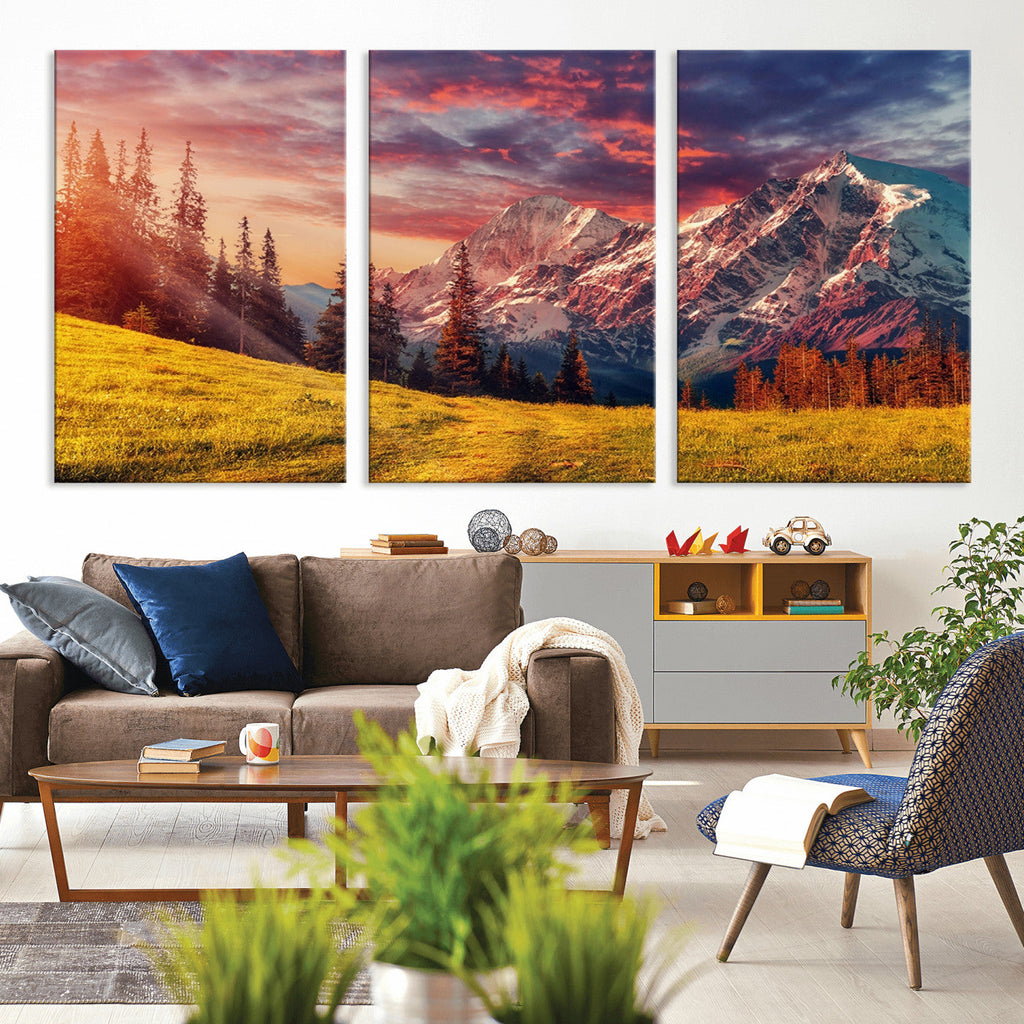 Mountain and Daylight Red Sunset Wall Art Canvas Print