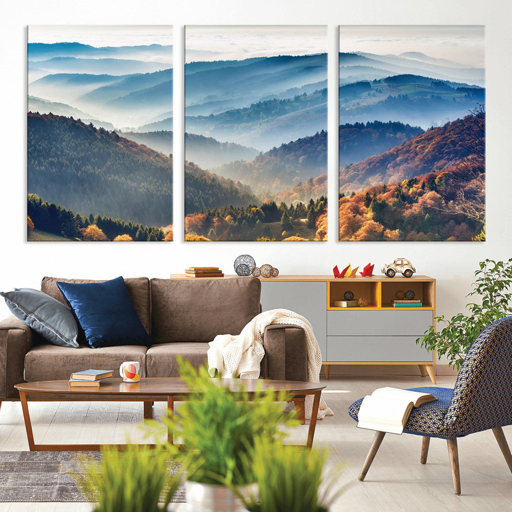 Misty Mountain Sunrise Triptych Canvas Print | Autumn Landscape Wall Art