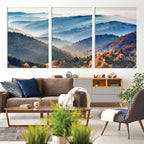 Misty Mountain Sunrise Triptych Canvas Print | Autumn Landscape Wall Art
